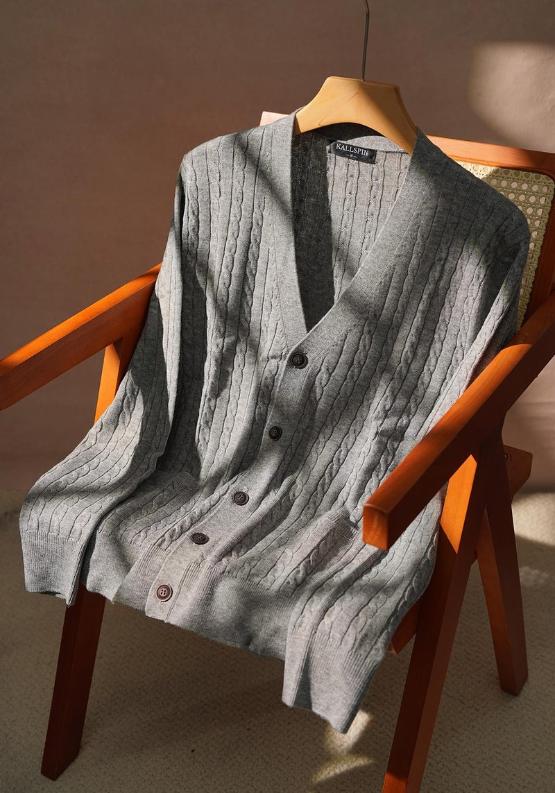 Kallspin Men's Cardigan Sweater Wool Blend Cable Knit V Neck Buttons Cardigan with Pockets(Light Grey, Large) - Image 4